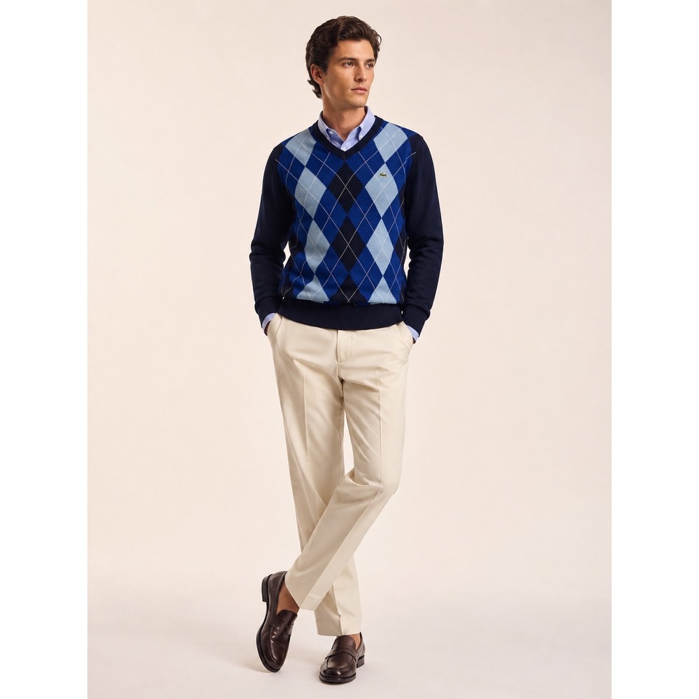 Lacoste Argyle V-Neck Cotton Sweater Sz 4 M‎ Navy Blue Preppy Collegiate